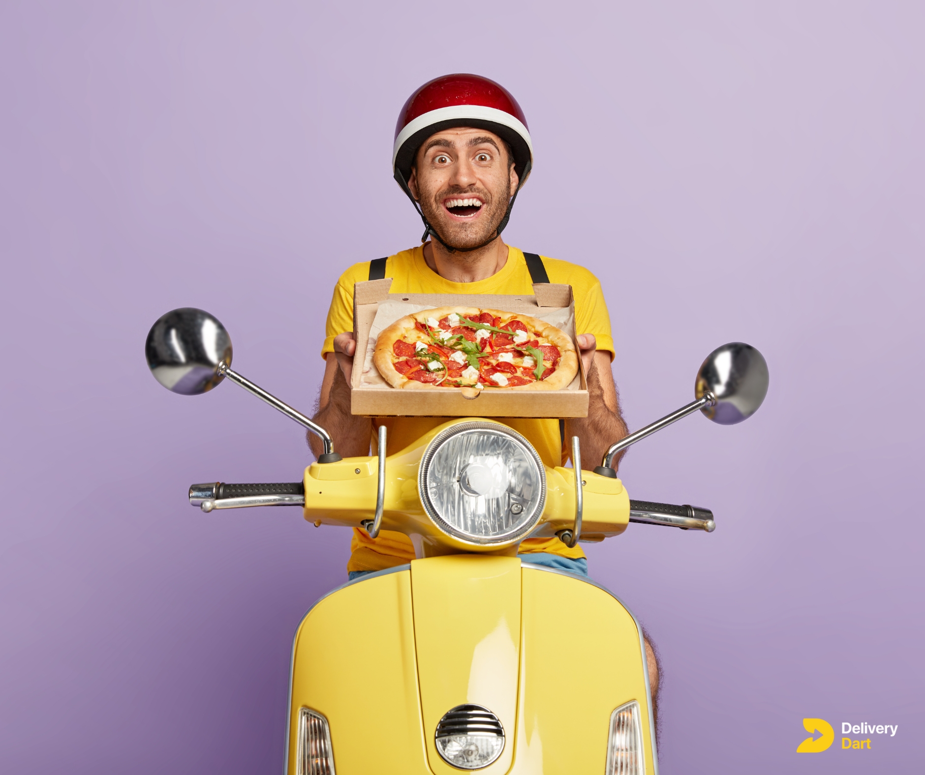 image of a delivery driver sitting on a scooter while holding a pizza box along with the DeliveryDart logo