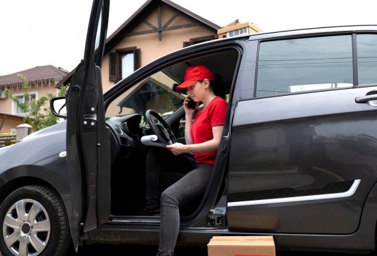 image of a female delivery driver delivering a package using her car along with the DeliveryDart logo