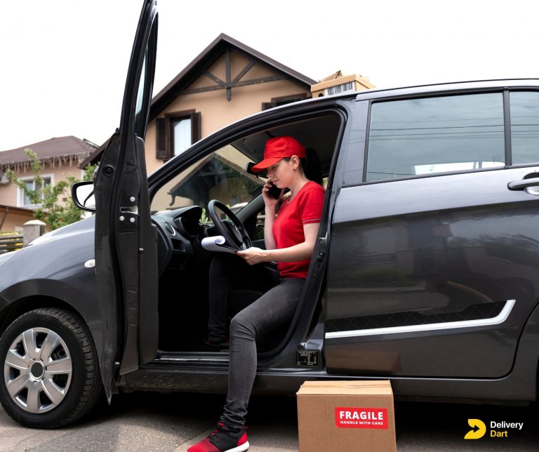 image of a female delivery driver delivering a package using her car along with the DeliveryDart logo