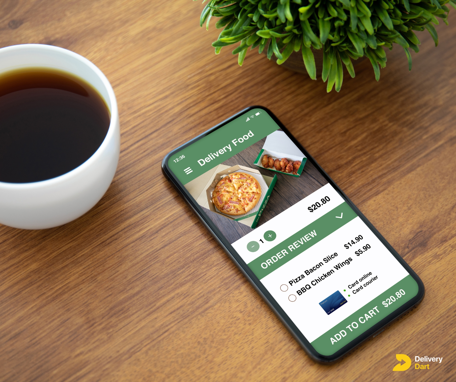 image of a phone kept on a table beside a cup of coffee with a delivery app open along with a DeliveryDart logo