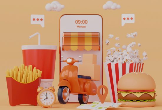 image of a mobile phone with a delivery scooter coming out of the screen and food items kept around it along with the DeliveryDart logo