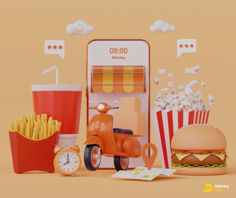 image of a mobile phone with a delivery scooter coming out of the screen and food items kept around it along with the DeliveryDart logo