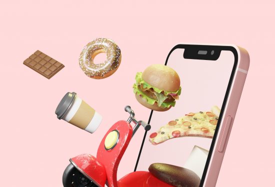 food items and a scooter popping out of a phone screen along with the DeliveryDart logo