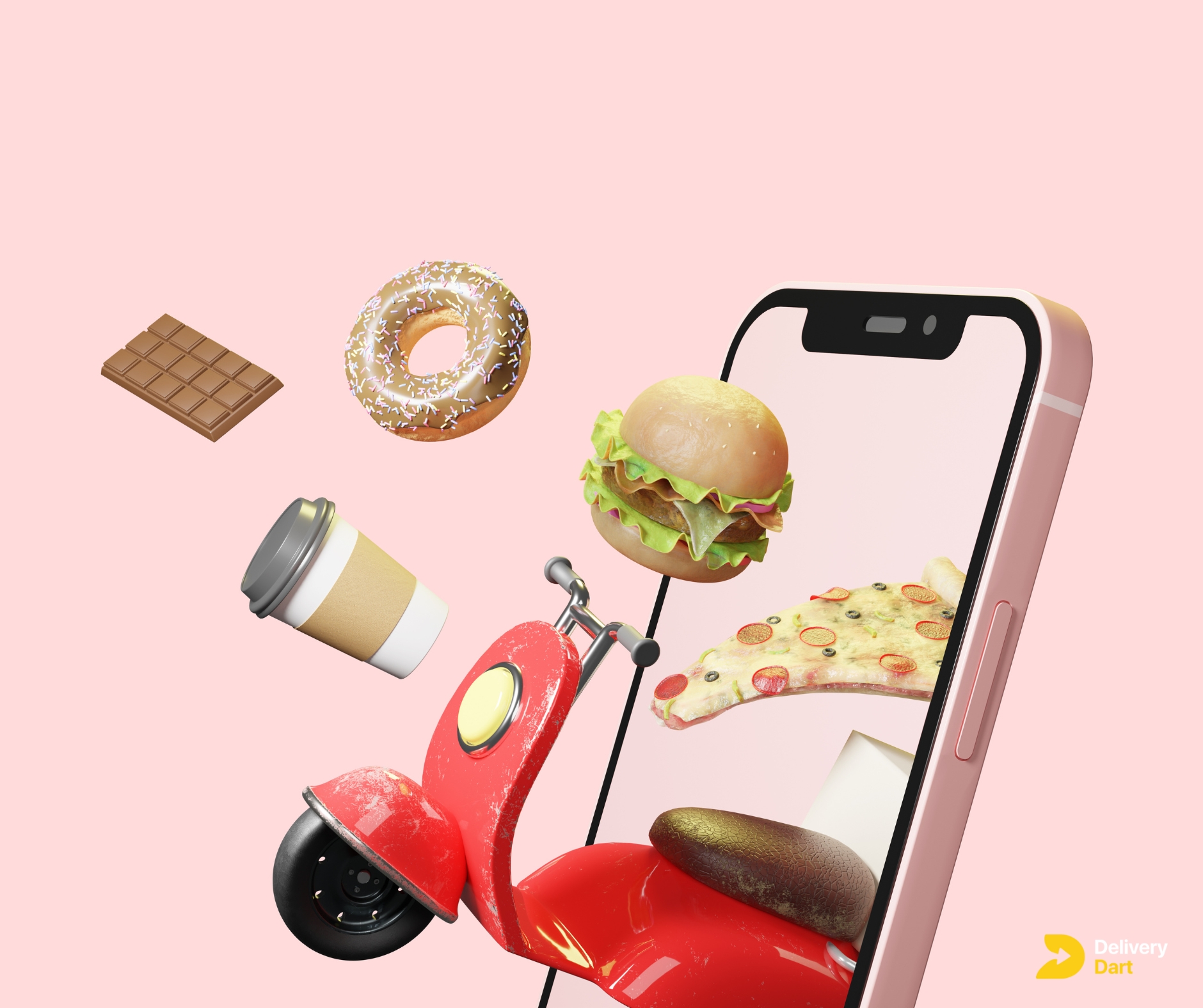 food items and a scooter popping out of a phone screen along with the DeliveryDart logo