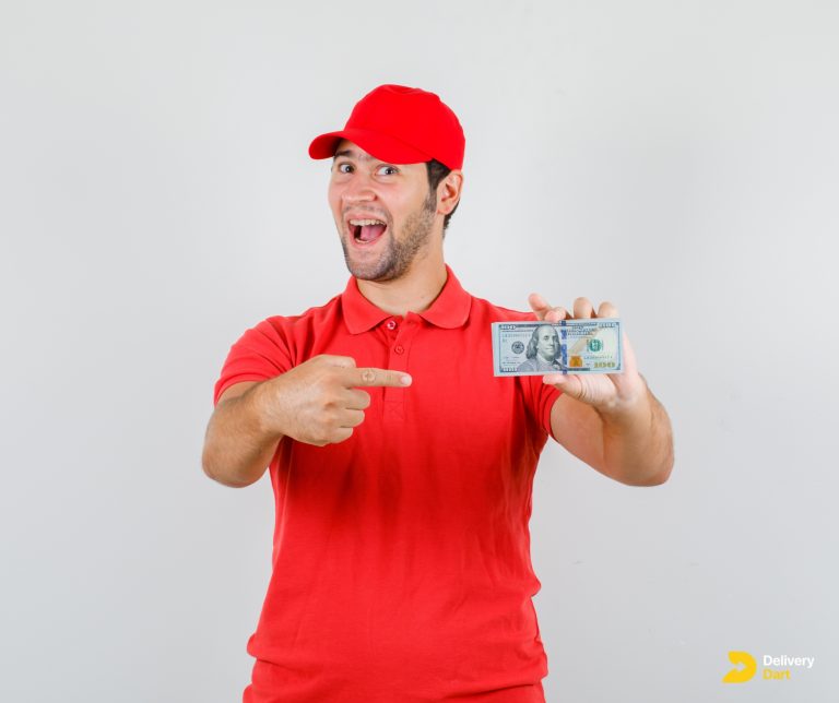 delivery driver pointing at money along with DeliveryDart logo