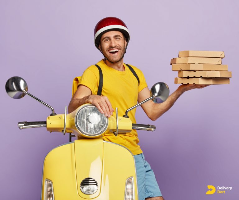 pizza delivery driver holding pizza boxes sitting on scooter with DeliveryDart logo