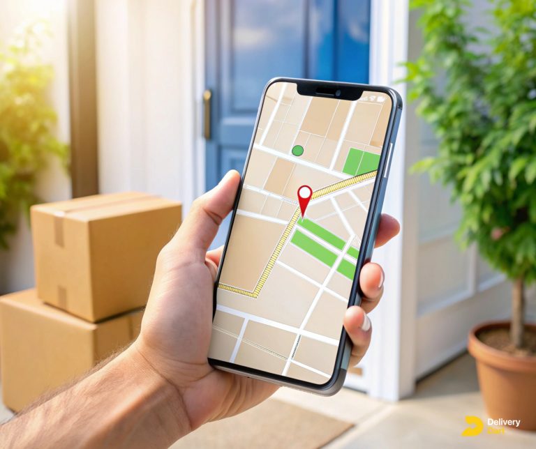 ai image of a hand holding a phone tracking delivery along with the DeliveryDart logo