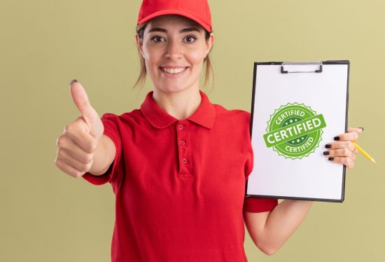 image of a woman delivery driver holding a certified note along with the DeliveryDart logo