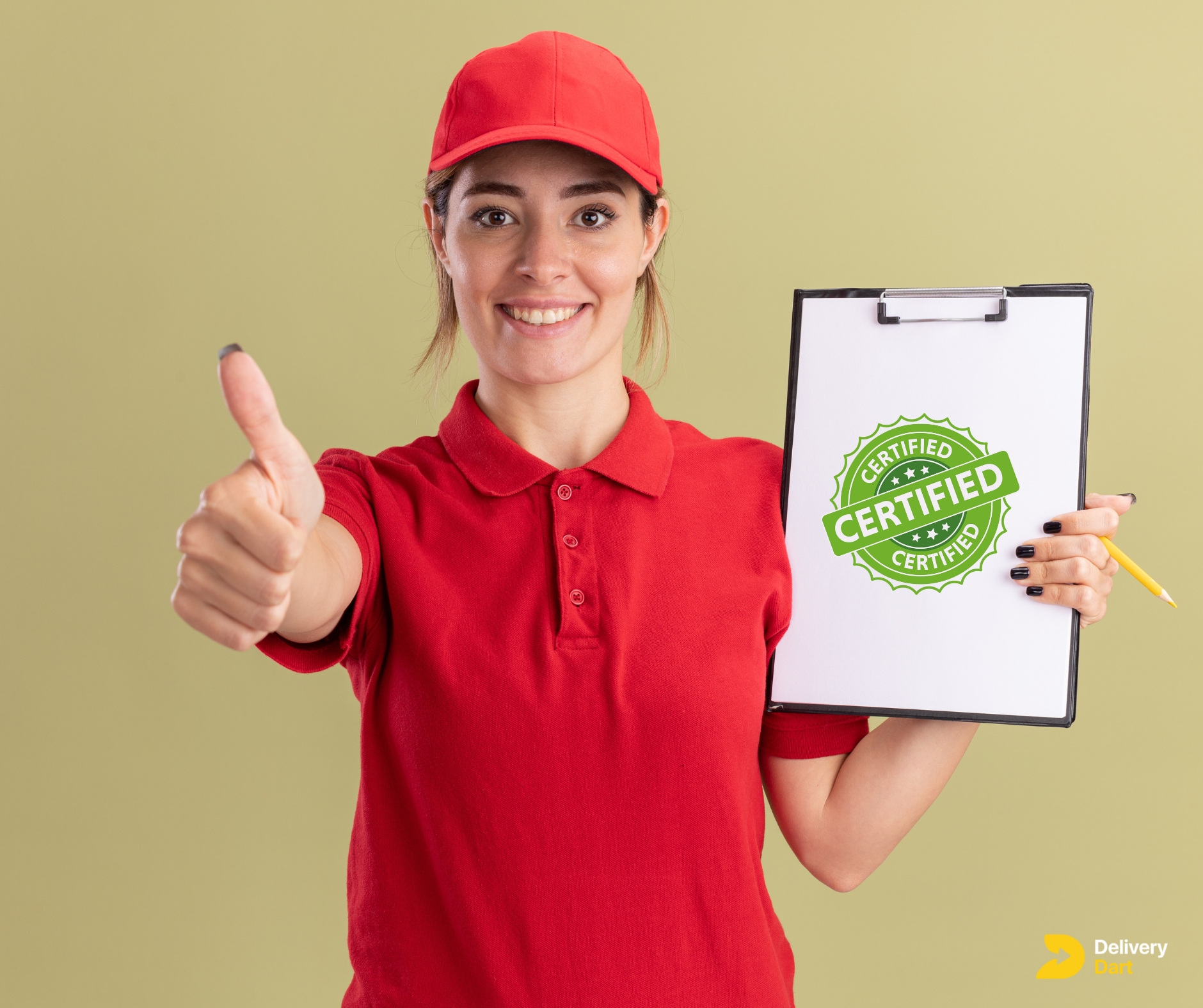 image of a woman delivery driver holding a certified note along with the DeliveryDart logo