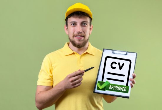 delivery driver holding an approved CV along with the DeliveryDart logo