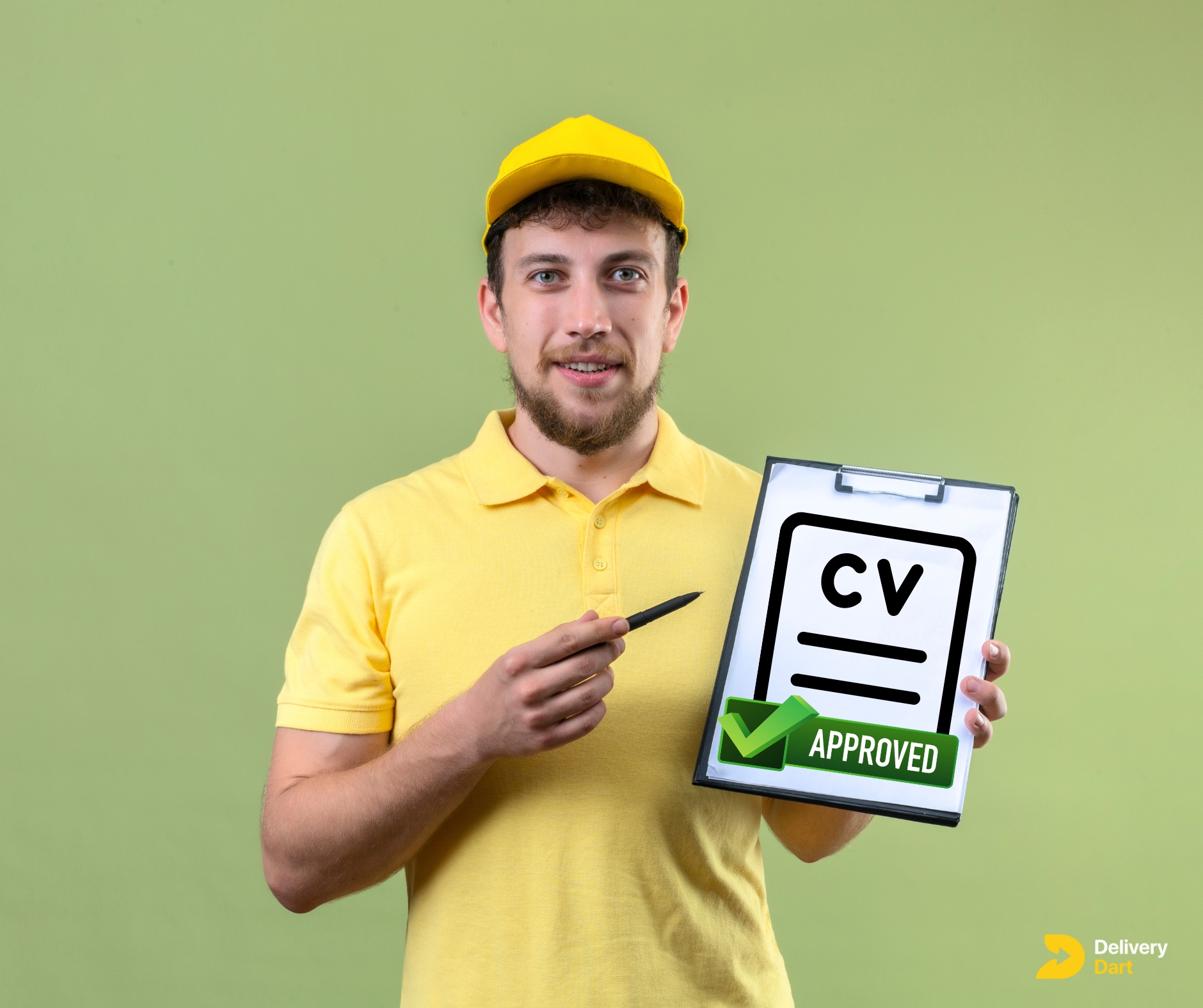 delivery driver holding an approved CV along with the DeliveryDart logo