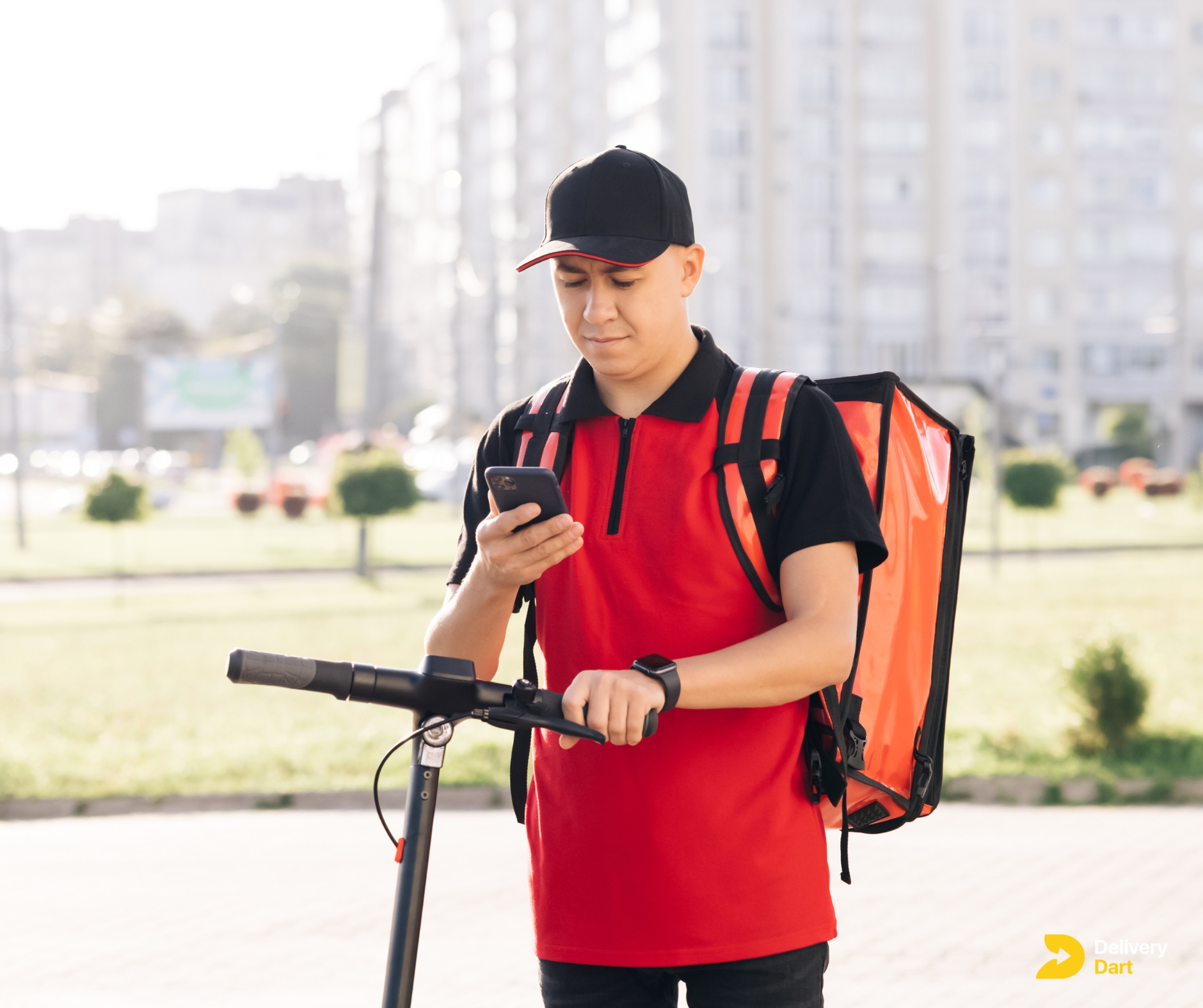 image of a fit delivery driver out on duty with a DeliveryDart logo