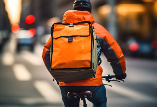 image of a food delivery driver on his bicycle going for a delivery with the DeliveryDart logo