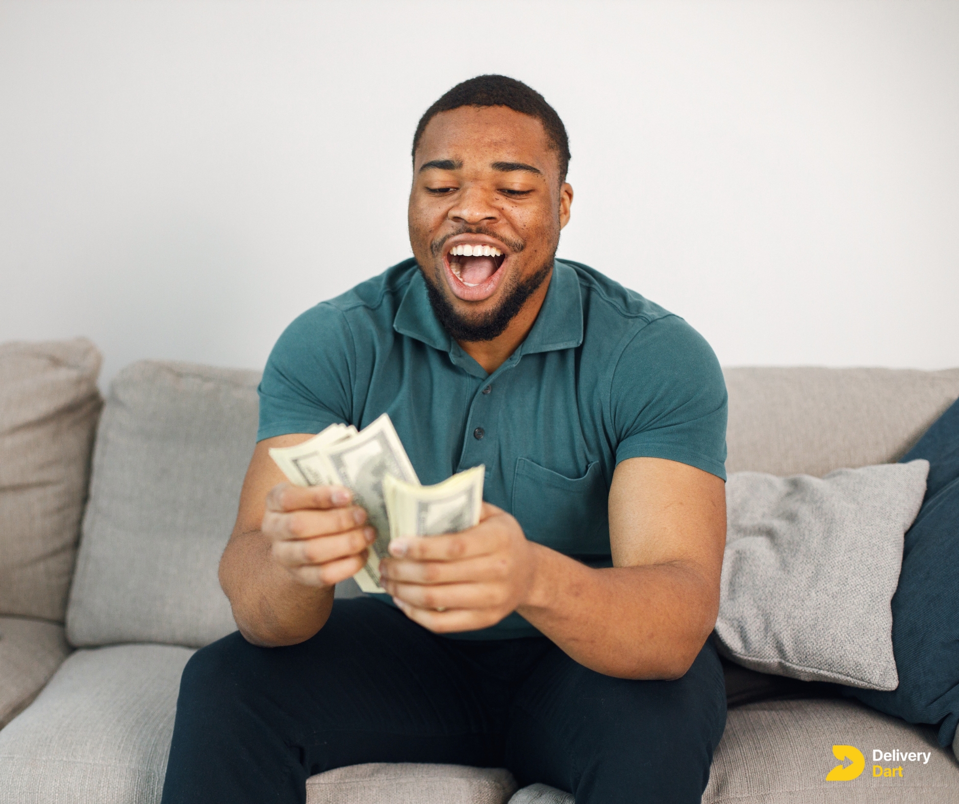 image of a delivery driver counting money with DeliveryDart logo