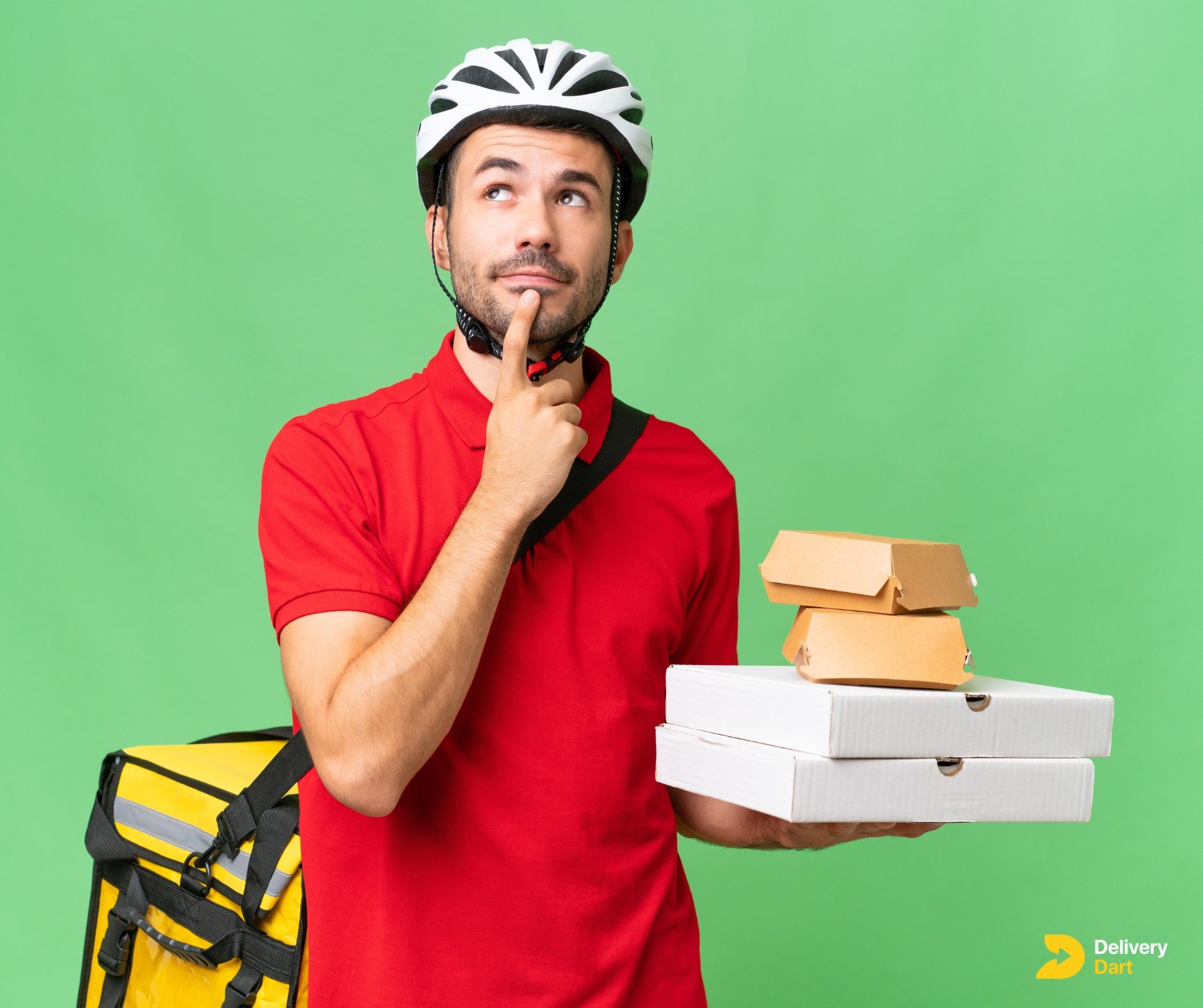 image of a delivery driver with delivery items and a delivery bag looking up as if he is thinking with the DeliveryDart logo