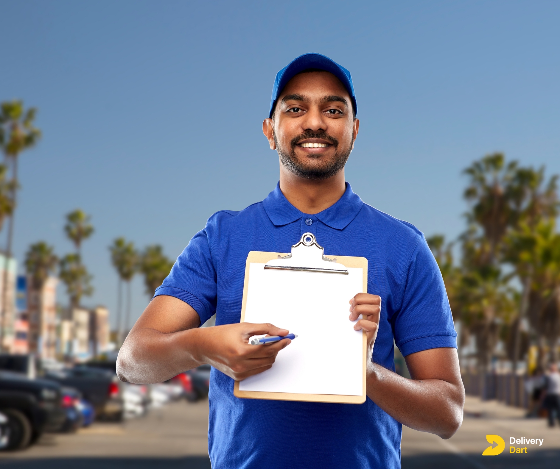 image of a delivery driver with checklist and pen along with DeliveryDart logo