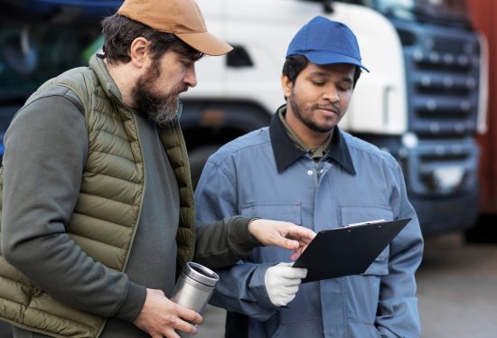 men discussing fleet asset management along with DeliveryDart logo