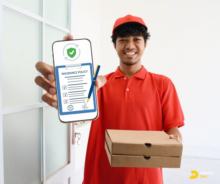 delivery driver holding a phone that shows delivery insurance along with DeliveryDart logo