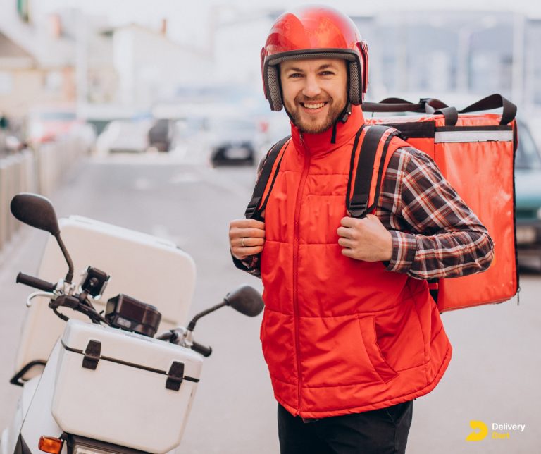 food delivery driver on his way to work along with DeliveryDart logo