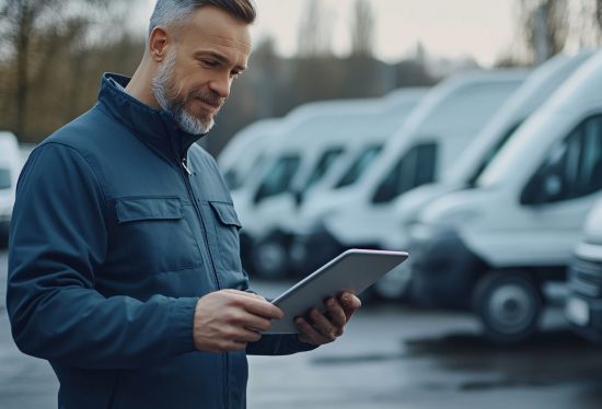 delivery fleet manager standing in front of his fleet along with DeliveryDart logo