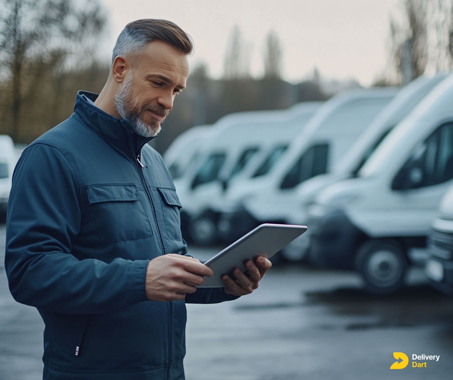 delivery fleet manager standing in front of his fleet along with DeliveryDart logo